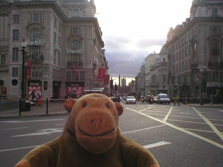 Mr Monkey looking towards Trafalgar Square from Piccadilly Circus