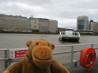 Mr Monkey watching the Tate-to-Tate catamaran arriving at Millbank