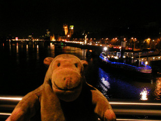 Mr Monkey looking at Parliament from the Hungerford footbridge