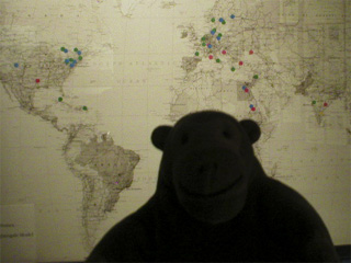 Mr Monkey looking at a map of Miss Nightingale's worldwide influence