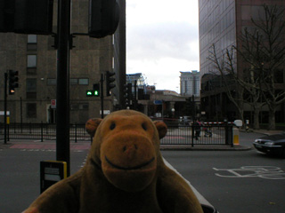 Mr Monkey looking at Eurostar trains waiting to leave Waterloo