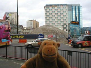 Mr Monkey looking at an unbuilt hotel near Westminster Bridge