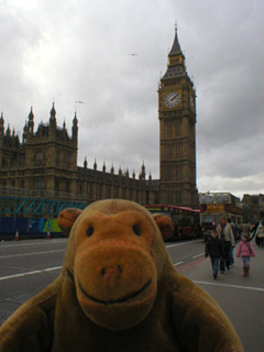 Mr Monkey looking at Big Ben from Westminster Bridge