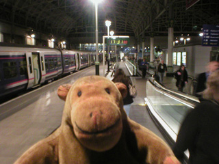 Mr Monkey walking through Piccadilly station