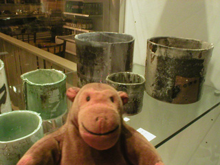 Mr Monkey looking at Hanne Mannheimer's chunky ceramics