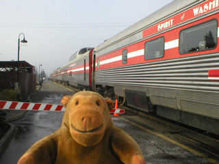 Mr Monkey waiting by a barrier beside the train