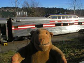 Mr Monkey looking at the Mount Rainier dome car