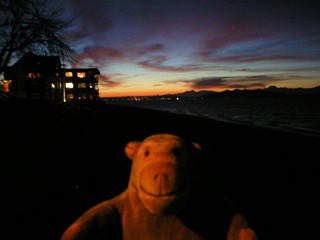 Mr Monkey looking along Alki beach in the dark
