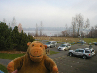 Mr Monkey looking at Lake Washington and the MOHAI carpark