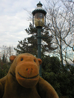 Mr Monkey looking at a gas lamp outside MOHAI