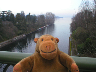 Mr Monkey looking towards Lake Washington from the Montlake Bridge