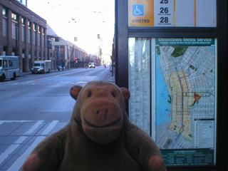 Mr Monkey inspecting a bus stop