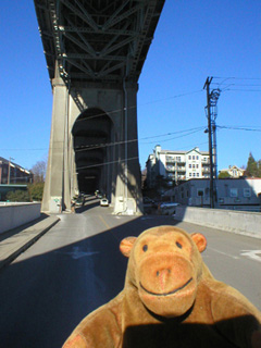 Mr Monkey looking up Troll Ave under the Aurora Bridge