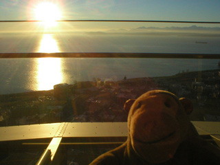 Mr Monkey looking at the setting sun from the Space Needle
