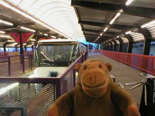 Mr Monkey looking at a monorail train