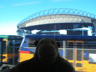 Mr Monkey looking at the Safeco ballpark from the bus