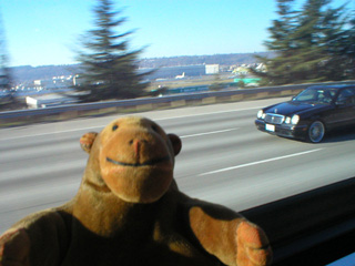 Mr Monkey looking at Boeing Field from the bus