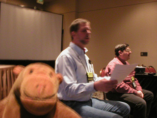 Mr Monkey listening to David Haugen and Stu Shiffman
