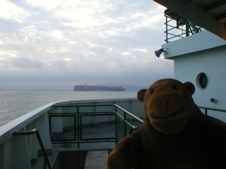 Mr Monkey spotting a container ship crossing the path of the ferry
