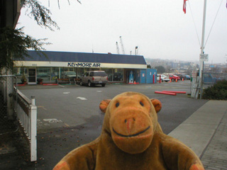 Mr Monkey looking at Kenmore Air's Lake Union office