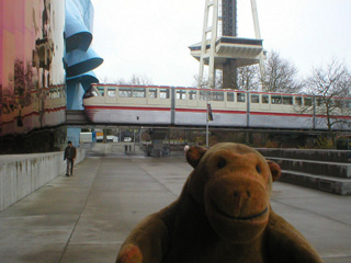 Mr Monkey watching the monorail leave the Seattle Center