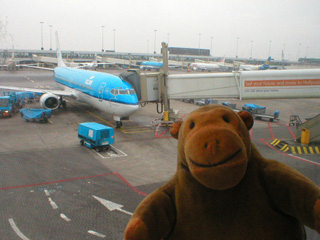 Mr Monkey waiting for his plane to be readied at Amsterdam