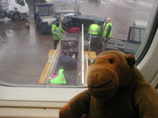 Mr Monkey watching luggage being unloaded at Ringway