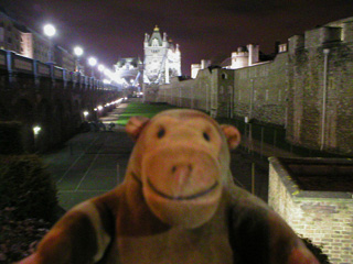 Mr Monkey looking at Tower Bridge from beside Tower Bridge Approach