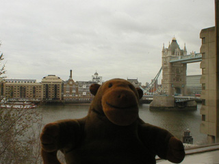 Mr Monkey looking at Tower Bridge from the Tower hotel