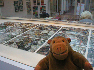 Mr Monkey looking at photographs of Manx beaches