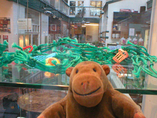 Mr Monkey looking at small plastic items tangled in plastic netting