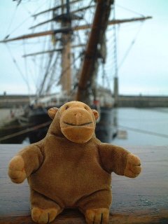 Mr Monkey aboard ship, with a sailing ship behind him