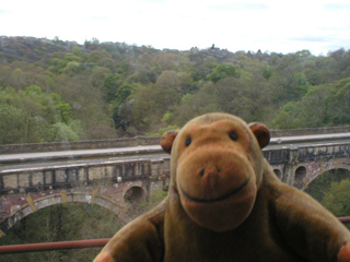 Mr Monkey looking at Marple Aqueduct from the viaduct