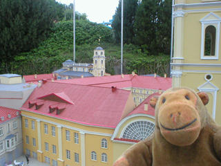 Mr Monkey looking at the roofing of the University of Vilnius