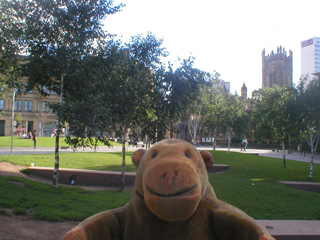 Mr Monkey looking at Manchester Cathedral across the Millinnium Gardens