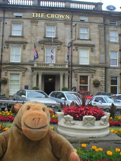 Mr Monkey studying the stone crown outside the Crown Hotel