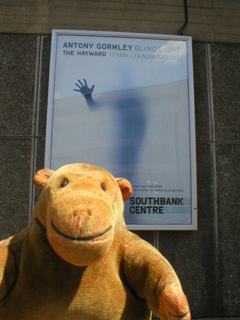 Mr Monkey looking at a poster for Blind Light