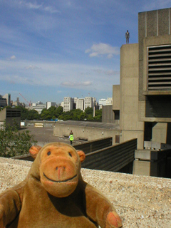 Mr Monkey spotting Gormley figures on the South Bank Centre