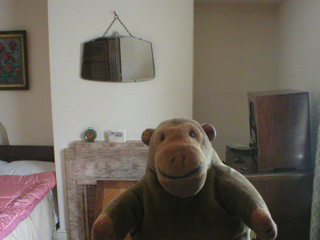 Mr Monkey looking at the 1940s fireplace and radio set