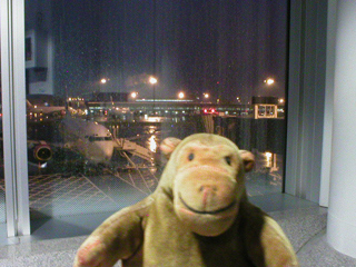 Mr Monkey looking out of a window at Manchester airport