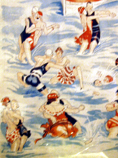 Bathers dancing in the surf on an old poster