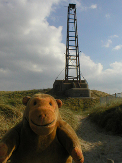 Mr Monkey looking at an old radio tower