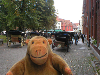 Mr Monkey looking at horse drawn carriages on Wijngaardstraat