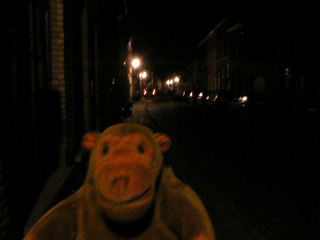 Mr Monkey walking down Westmeers in the dark