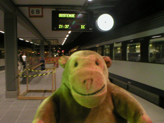 Mr Monkey checking he's about to get on the right train at Bruges