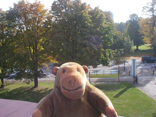 Mr Monkey looking at Hyde Park from the top of the Pavilion