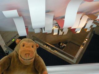 Mr Monkey looking down from the upper level of the Bridgewater Hall