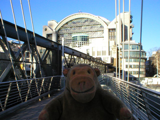 Mr Monkey looking at Charing Cross station from a Hungerford footbridge