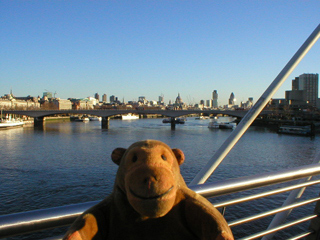 Mr Monkey looking down river from a Hungerford footbridge