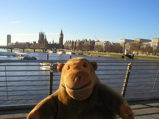 Mr Monkey looking up river from a Hungerford footbridge